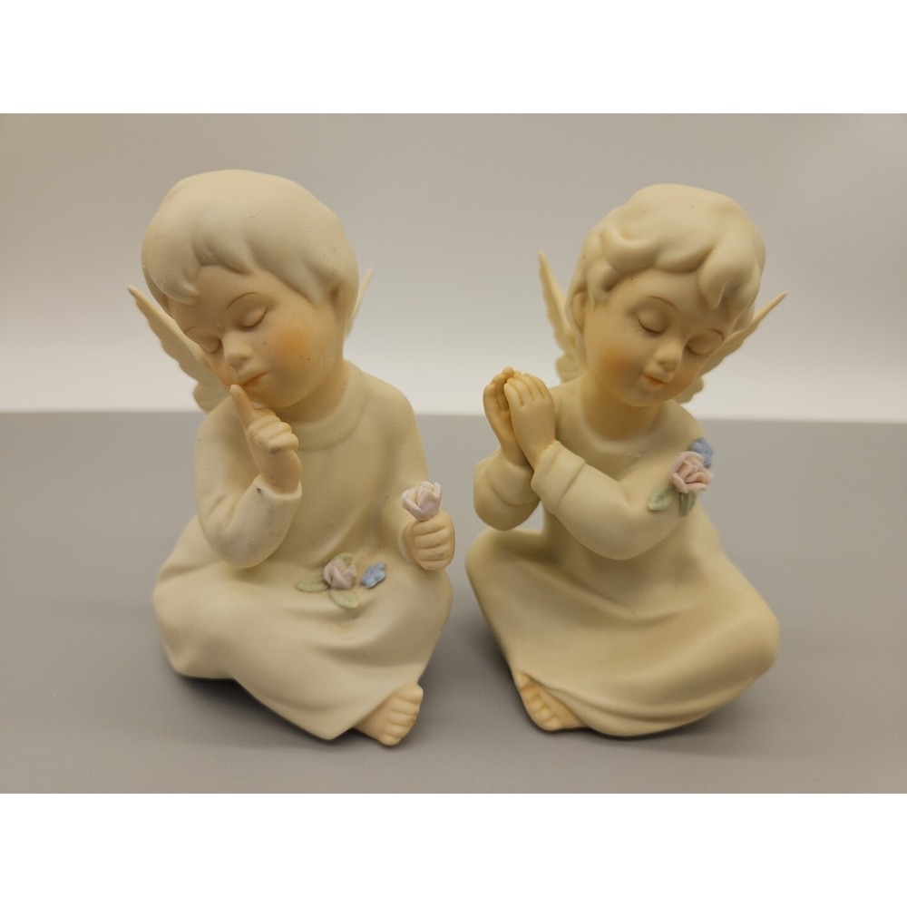 Homco Bisque Porcelain Angels Signed Mizuno 1991‎  4.5" Tall Lot Of 2